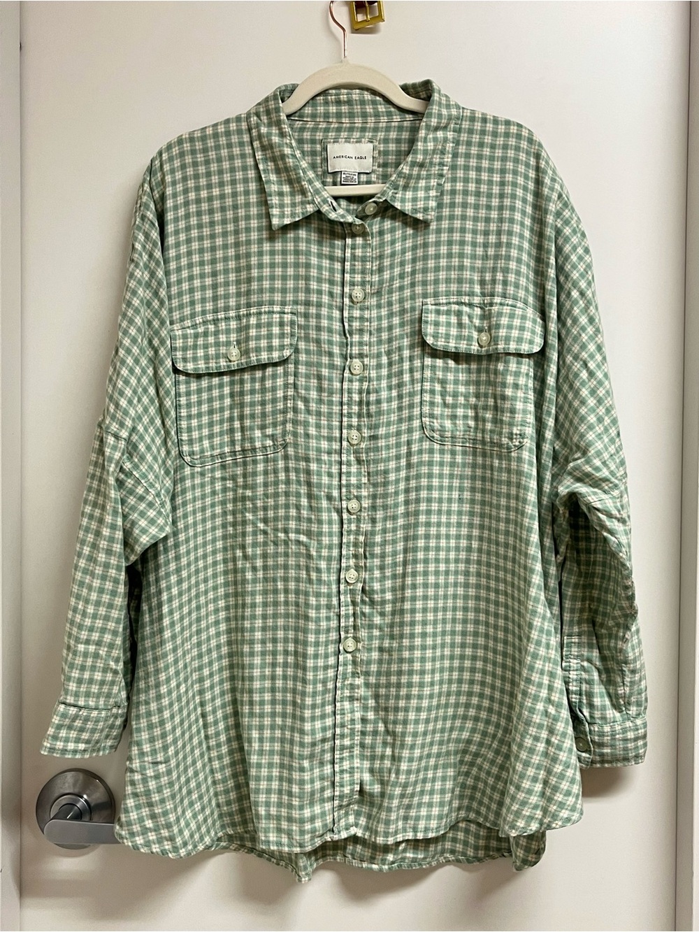 American Eagle Outfitters Light Green Check Button-Down Shirt